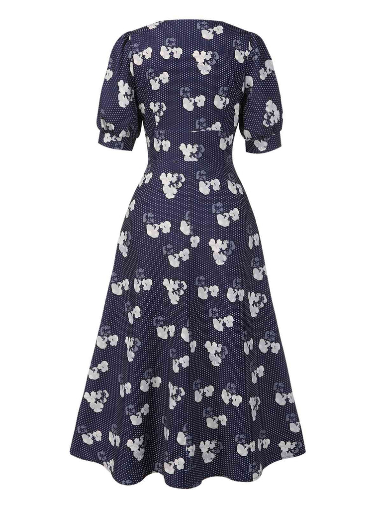 [Pre-Sale] Blue 1940s Polka Dots Floral Puff Sleeve Dress