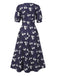 [Pre-Sale] Blue 1940s Polka Dots Floral Puff Sleeve Dress
