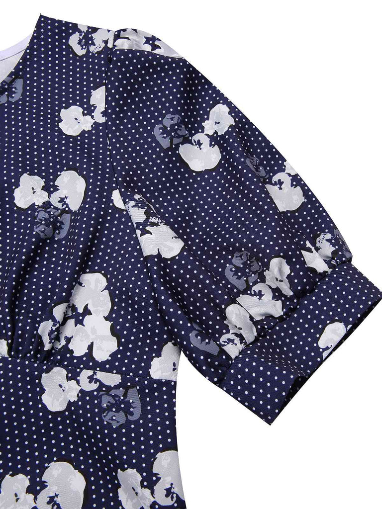 [Pre-Sale] Blue 1940s Polka Dots Floral Puff Sleeve Dress