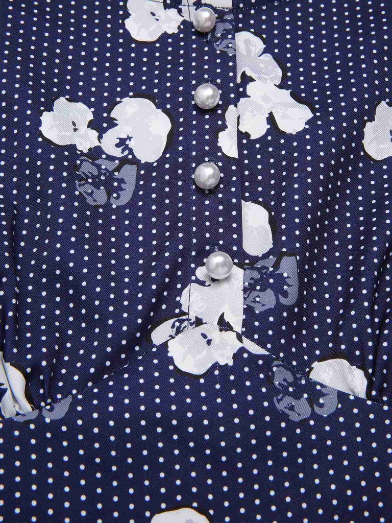 [Pre-Sale] Blue 1940s Polka Dots Floral Puff Sleeve Dress