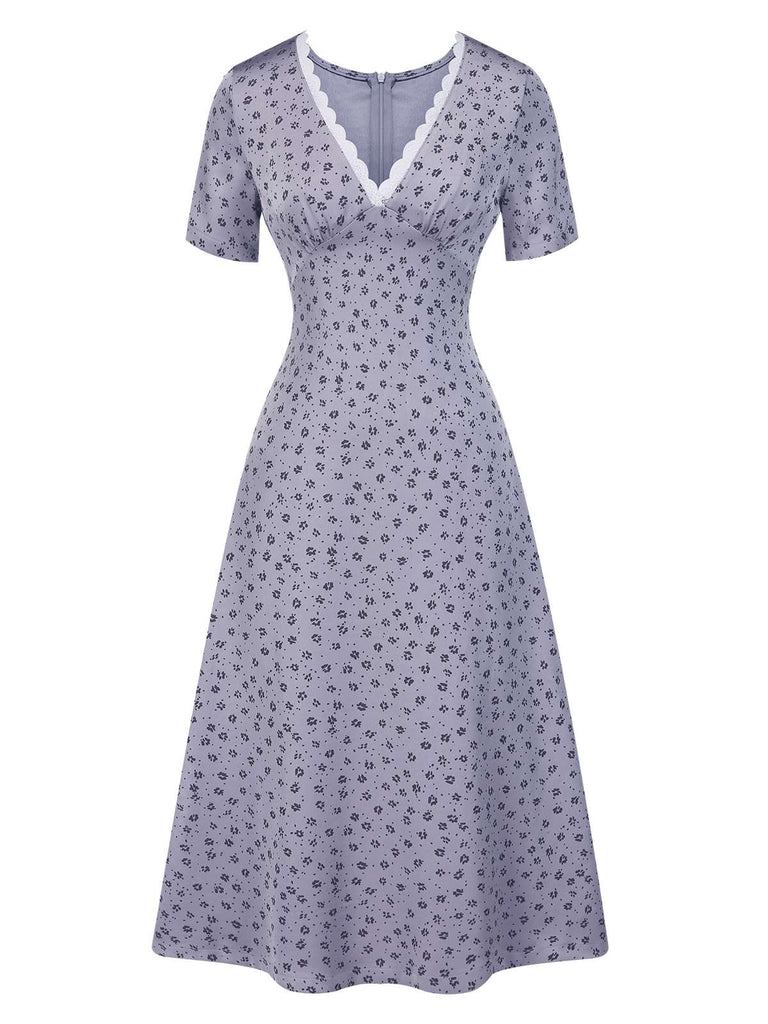 [Pre-Sale] Lavender 1940s Satin Ditsy Floral Lace V-Neck Dress