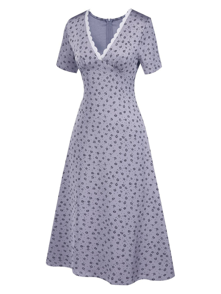 [Pre-Sale] Lavender 1940s Satin Ditsy Floral Lace V-Neck Dress