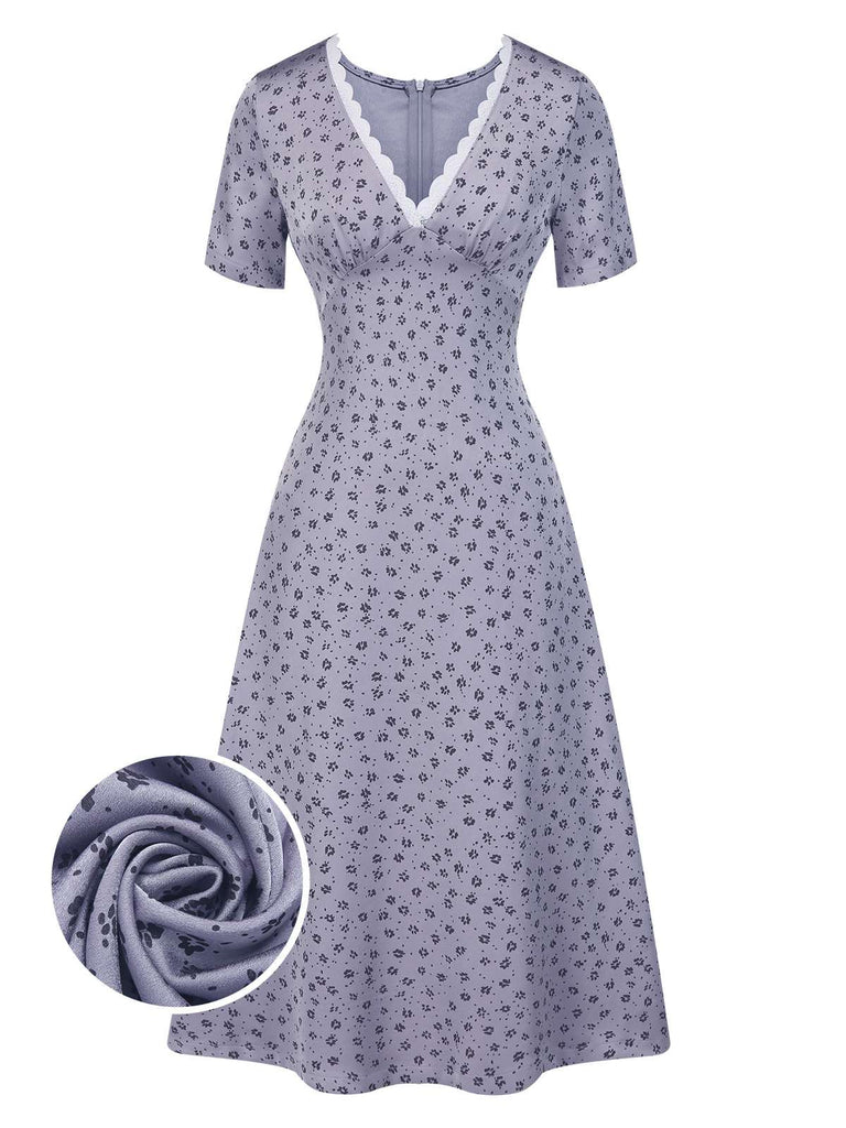 [Pre-Sale] Lavender 1940s Satin Ditsy Floral Lace V-Neck Dress