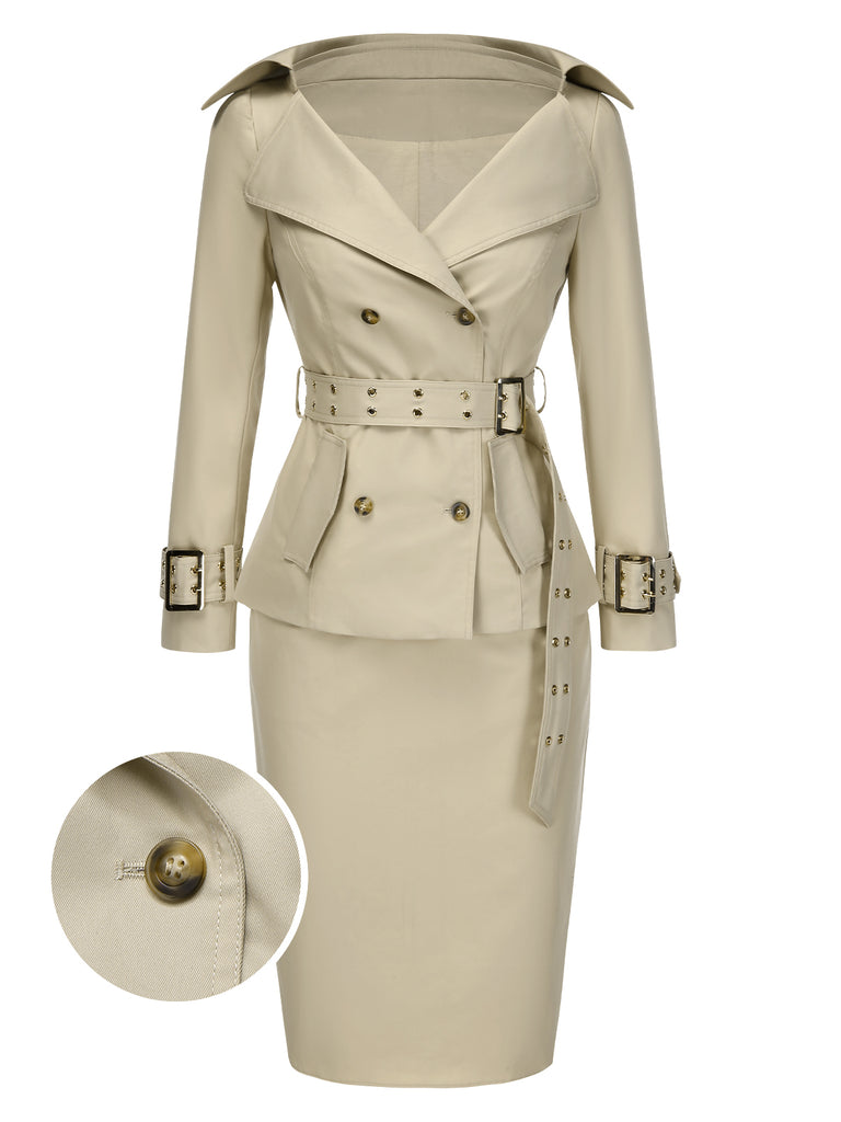 [Pre-Sale] 2PCS Khaki 1980s Lapel Belted Jacket & Pencil Skirt
