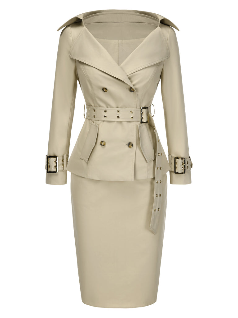 [Pre-Sale] 2PCS Khaki 1980s Lapel Belted Jacket & Pencil Skirt