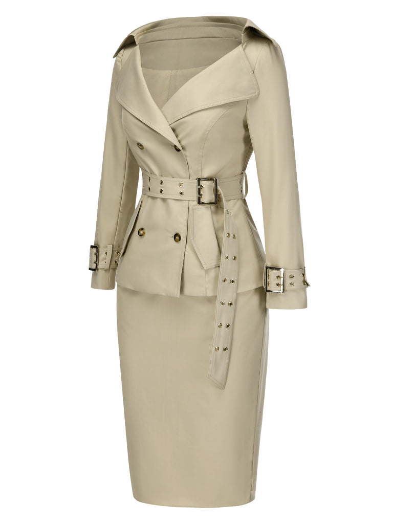 [Pre-Sale] 2PCS Khaki 1980s Lapel Belted Jacket & Pencil Skirt