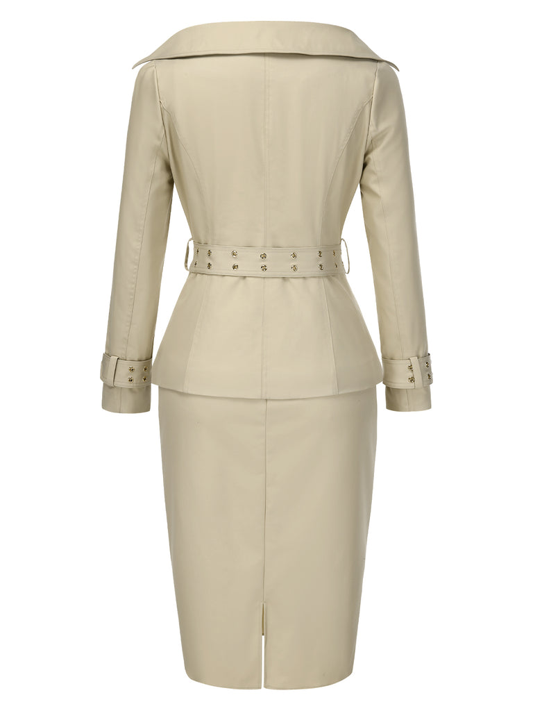 [Pre-Sale] 2PCS Khaki 1980s Lapel Belted Jacket & Pencil Skirt