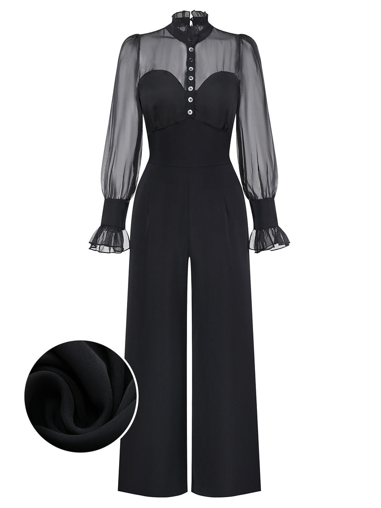 [Pre-Sale] Black 1950s Solid Sheer Sleeve Ruffled Collar Jumpsuit