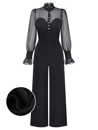 [Pre-Sale] Black 1950s Solid Sheer Sleeve Ruffled Collar Jumpsuit