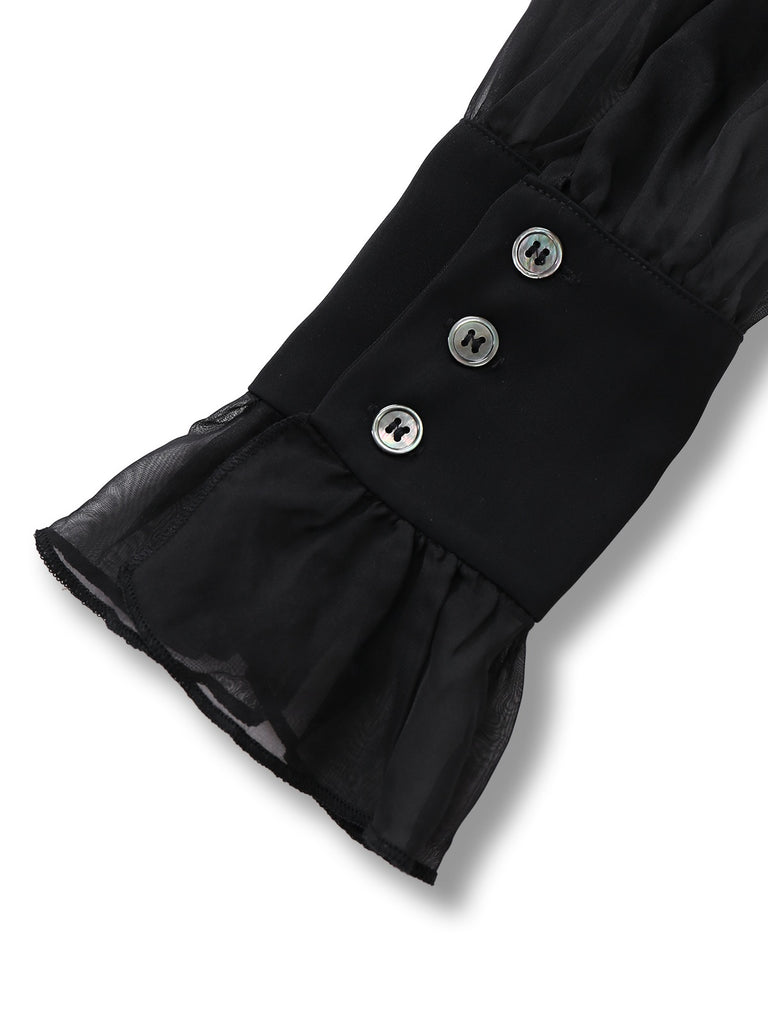 [Pre-Sale] Black 1950s Solid Sheer Sleeve Ruffled Collar Jumpsuit