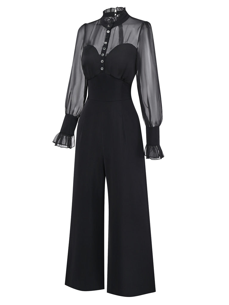 [Pre-Sale] Black 1950s Solid Sheer Sleeve Ruffled Collar Jumpsuit