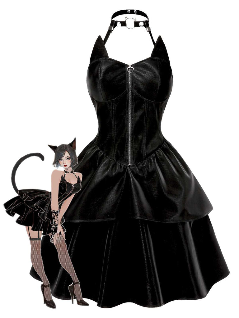 [Pre-Sale] Black 1950s Halloween Cat Girl Leather Dress