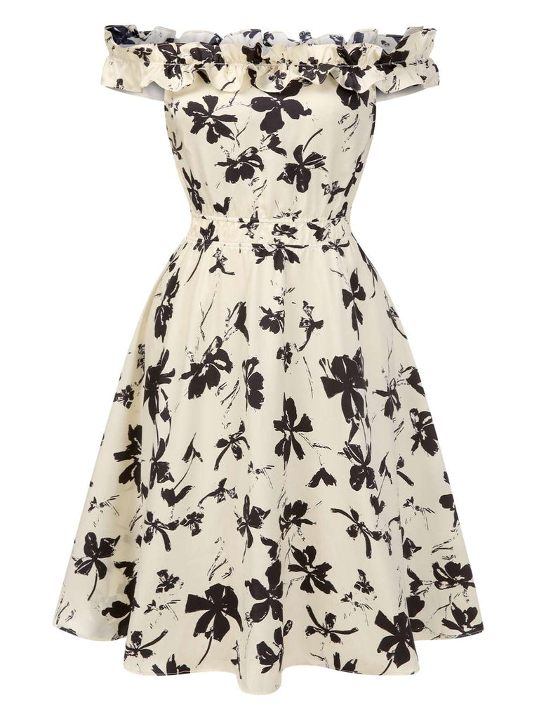 [Pre-Sale] [Plus-Size] 1950s Off Shoulder Ruffle Floral Swing Dress
