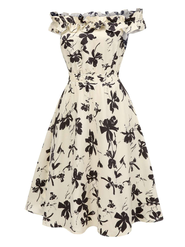 [Pre-Sale] [Plus-Size] 1950s Off Shoulder Ruffle Floral Swing Dress