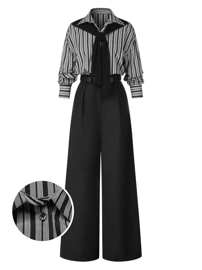 Black 1940s Shirt Collar Stripe Jumpsuit With Cape