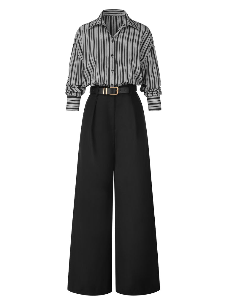 Black 1940s Shirt Collar Stripe Jumpsuit With Cape