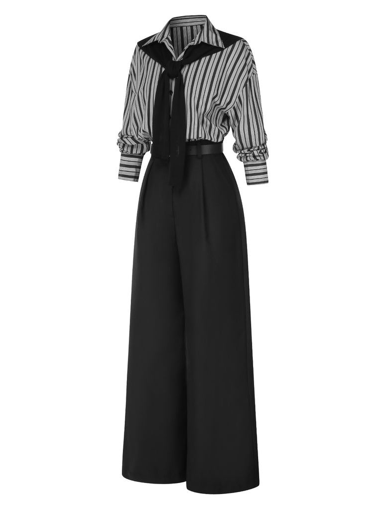 Black 1940s Shirt Collar Stripe Jumpsuit With Cape