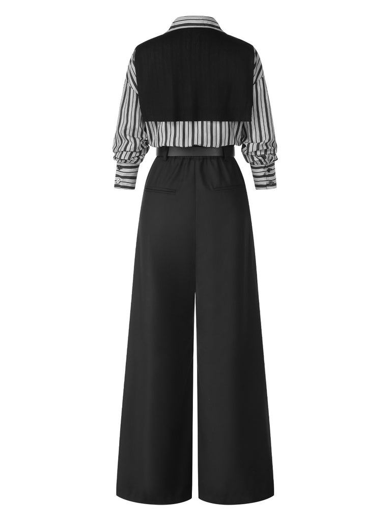 Black 1940s Shirt Collar Stripe Jumpsuit With Cape