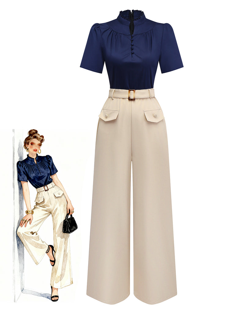 [Pre-Sale] Blue & Khaki 1930s Contrast Stand Collar Jumpsuit