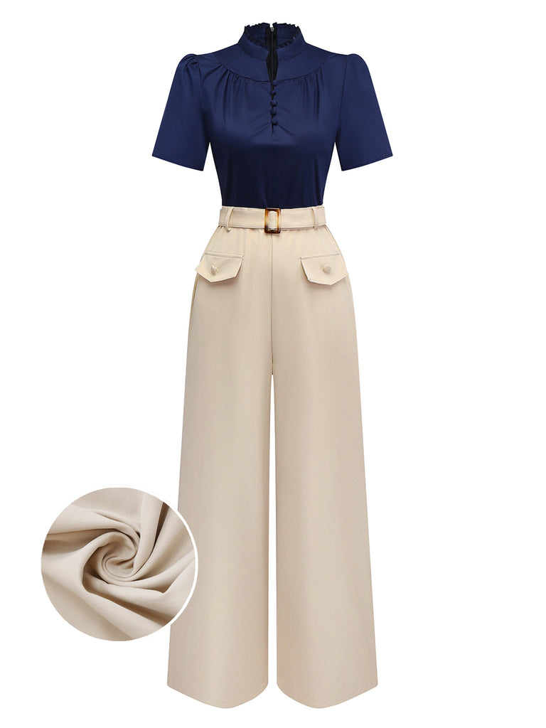 [Pre-Sale] Blue & Khaki 1930s Contrast Stand Collar Jumpsuit
