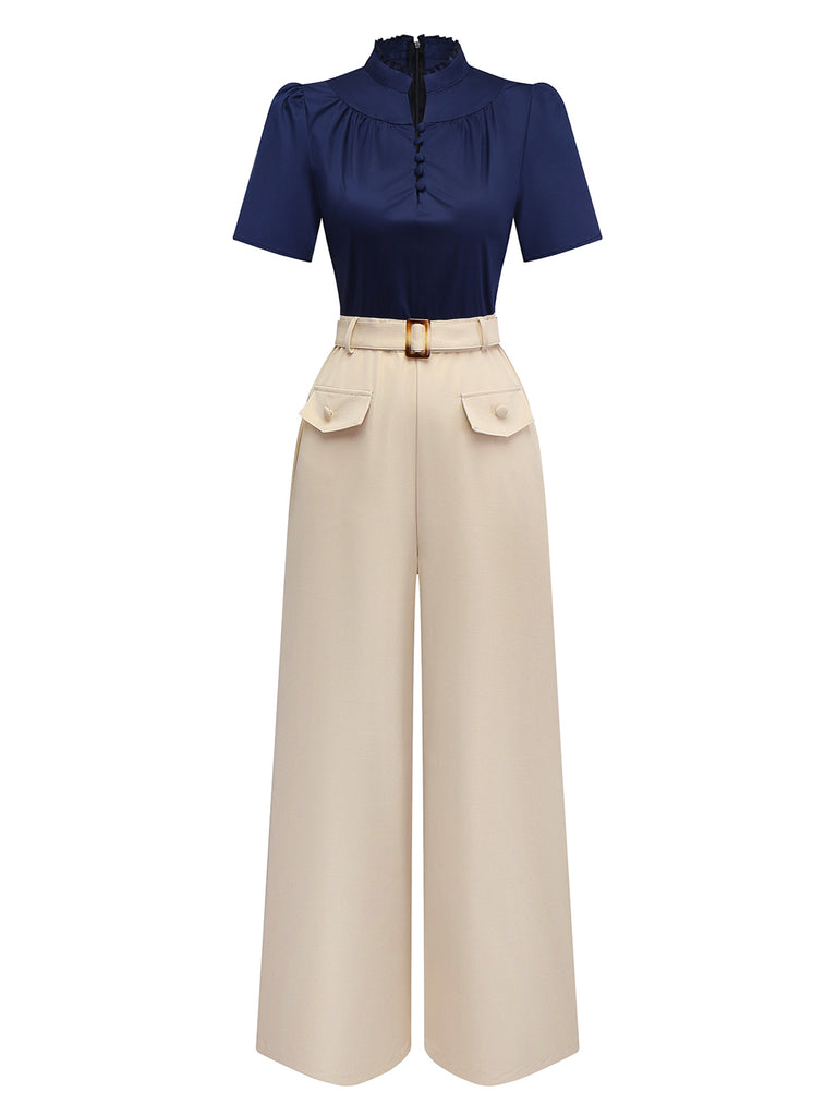 [Pre-Sale] Blue & Khaki 1930s Contrast Stand Collar Jumpsuit