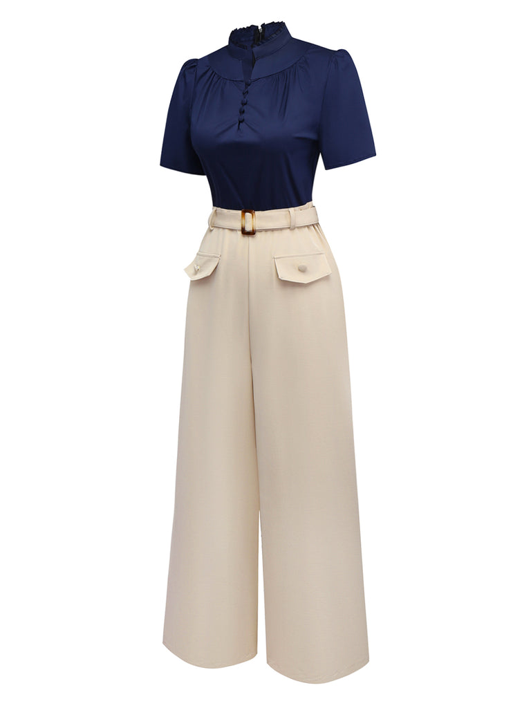 [Pre-Sale] Blue & Khaki 1930s Contrast Stand Collar Jumpsuit