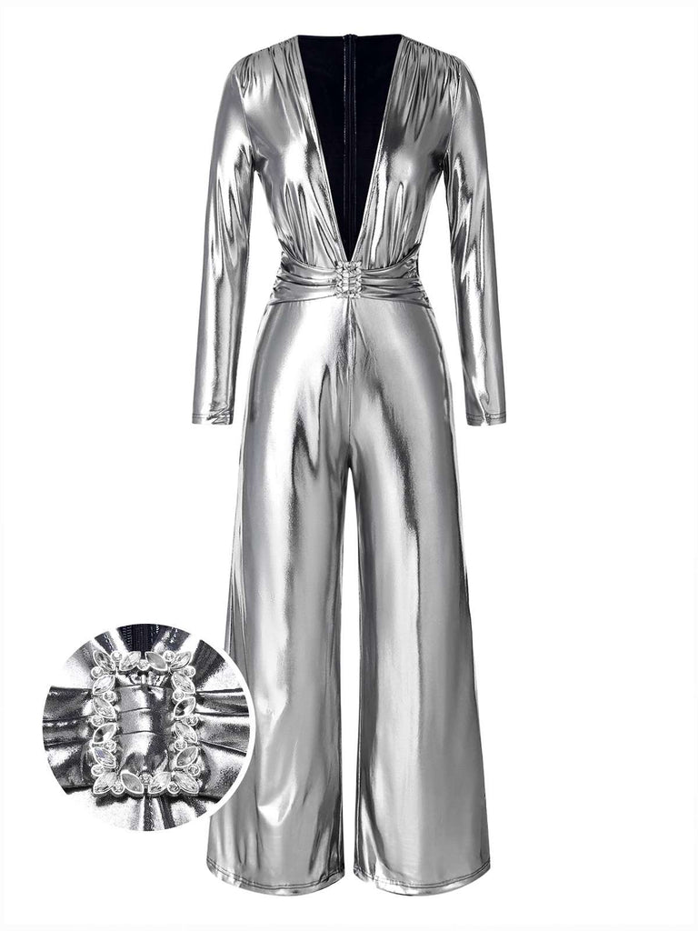 [Pre-Sale] Silver 1980s Metallic Deep-V Belt Jumpsuit