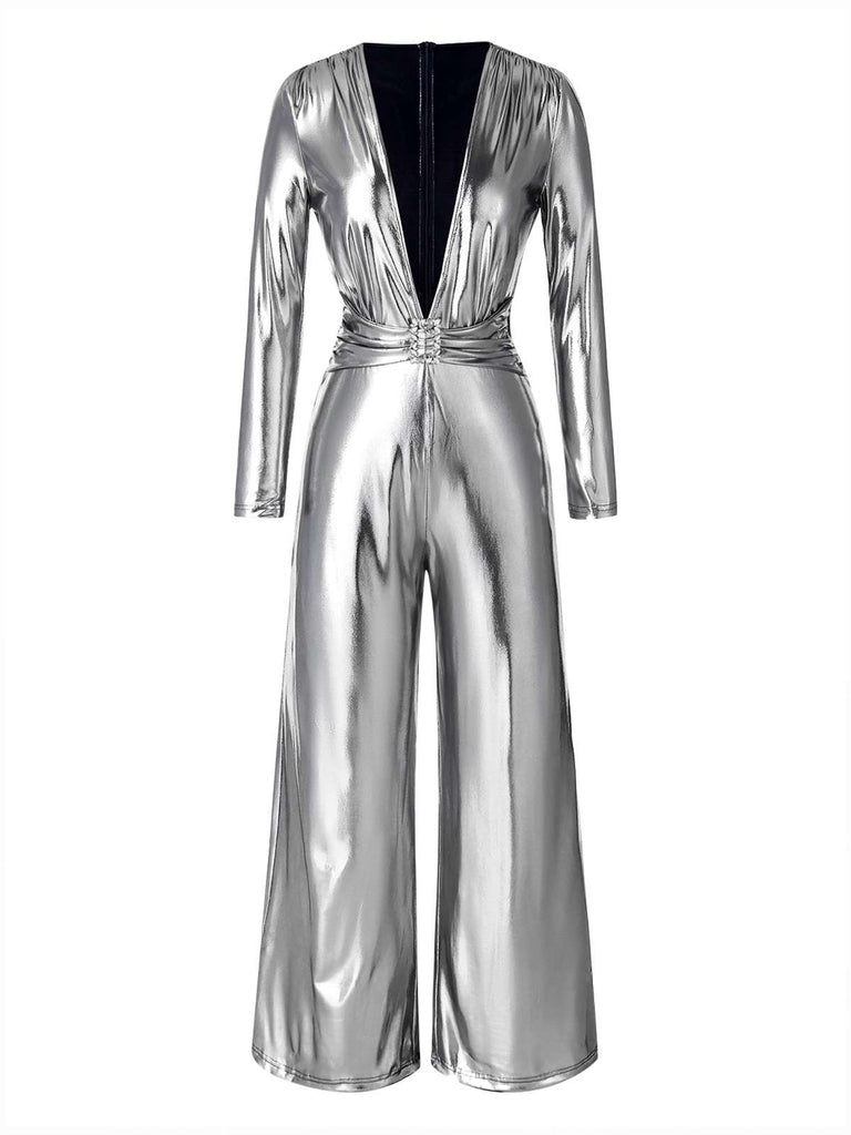 [Pre-Sale] Silver 1980s Metallic Deep-V Belt Jumpsuit