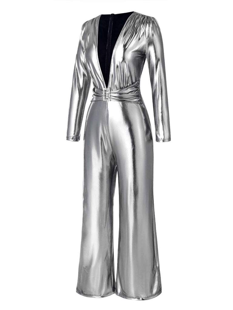 [Pre-Sale] Silver 1980s Metallic Deep-V Belt Jumpsuit