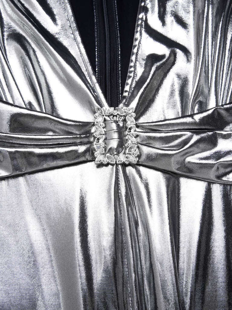 [Pre-Sale] Silver 1980s Metallic Deep-V Belt Jumpsuit