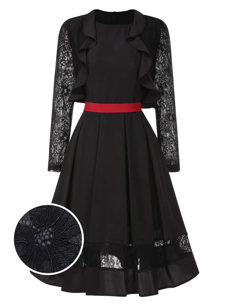 [Pre-Sale] 2PCS Black 1950s Lace Ruffle Vintage Shrug Jacket & Swing Dress