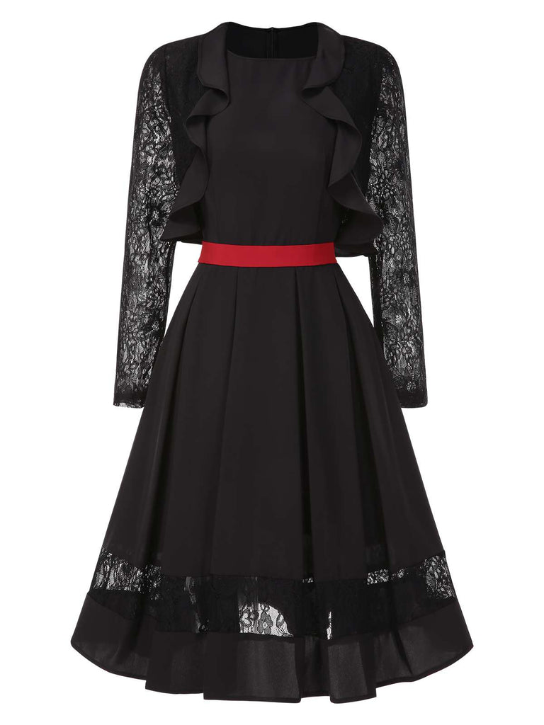 [Pre-Sale] 2PCS Black 1950s Lace Ruffle Vintage Shrug Jacket & Swing Dress