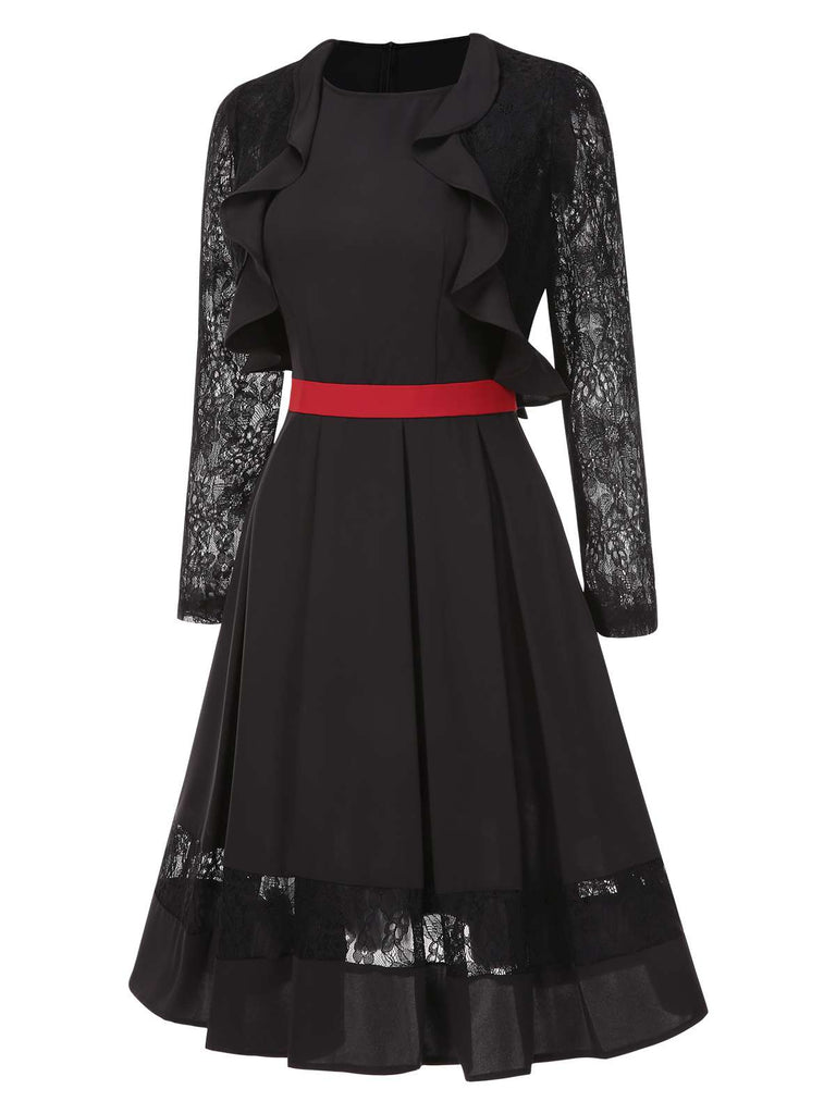 [Pre-Sale] 2PCS Black 1950s Lace Ruffle Vintage Shrug Jacket & Swing Dress