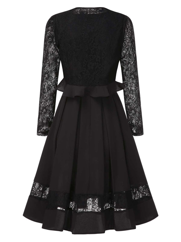 [Pre-Sale] 2PCS Black 1950s Lace Ruffle Vintage Shrug Jacket & Swing Dress