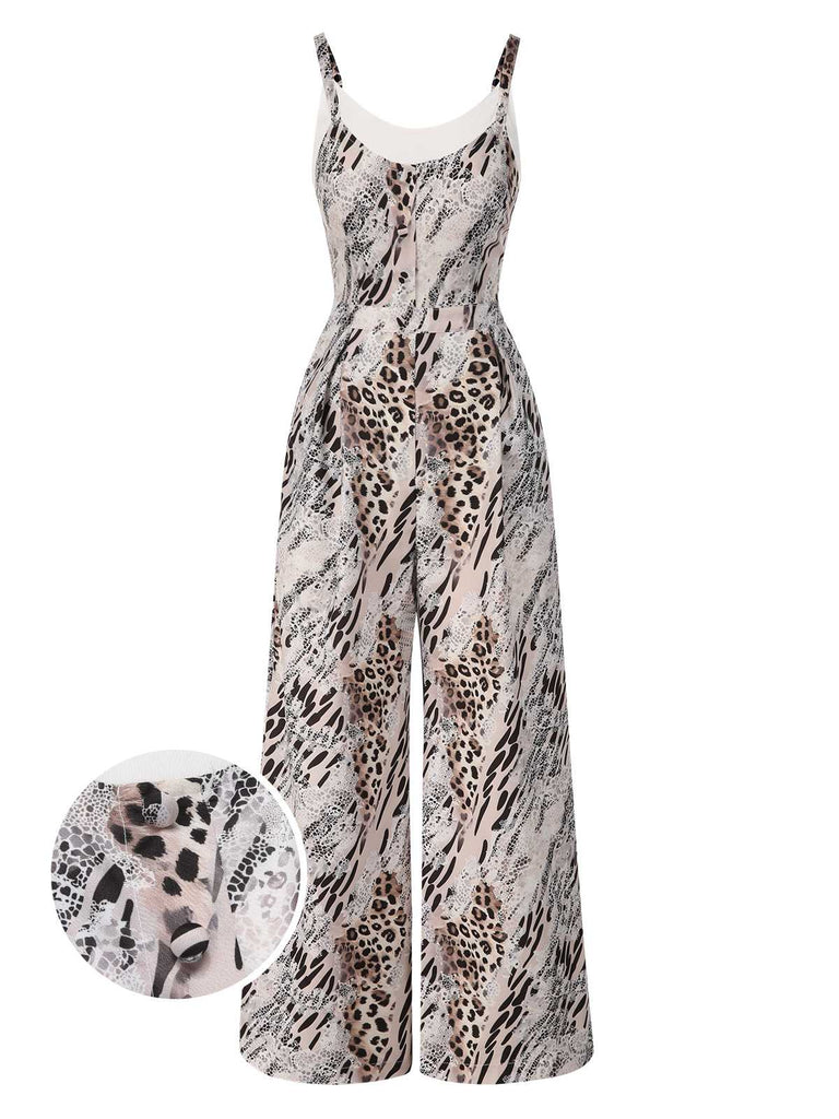 [Pre-Sale] Khaki 1930s Leopard Spaghetti Strap Jumpsuit