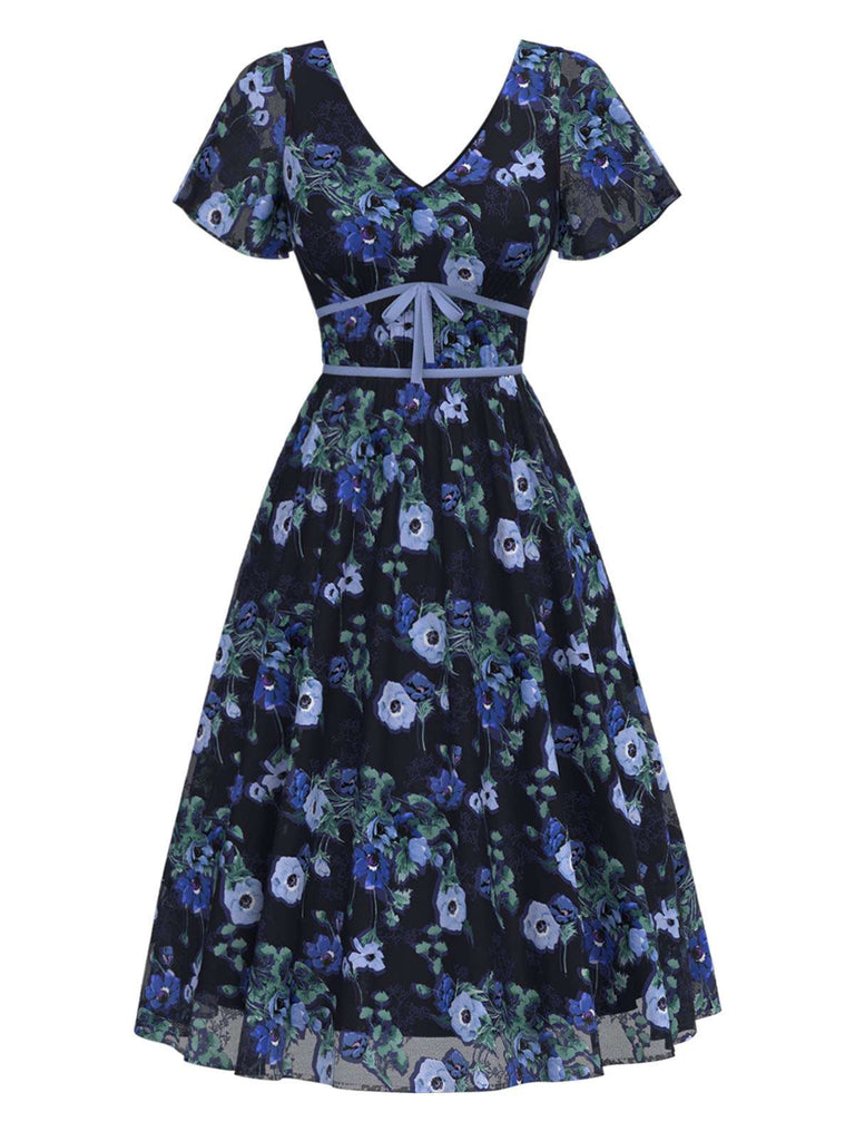 [Pre-Sale] Blue 1950s Floral V-Neck Midi Dress