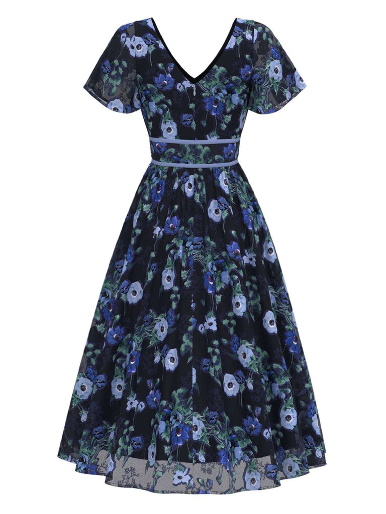 [Pre-Sale] Blue 1950s Floral V-Neck Midi Dress