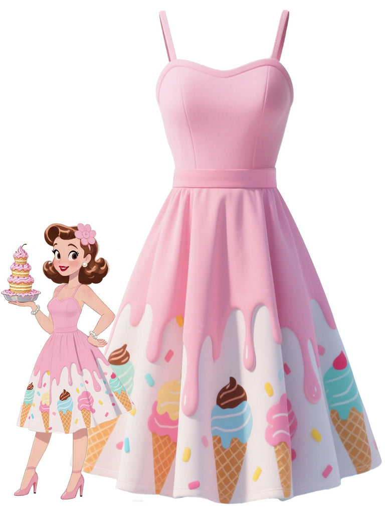 Pink 1950s Ice-Cream Sweetheart Neck Dress