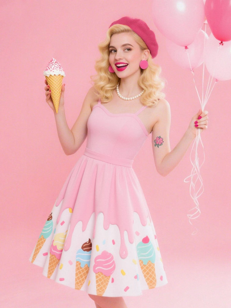 Pink 1950s Ice-Cream Sweetheart Neck Dress