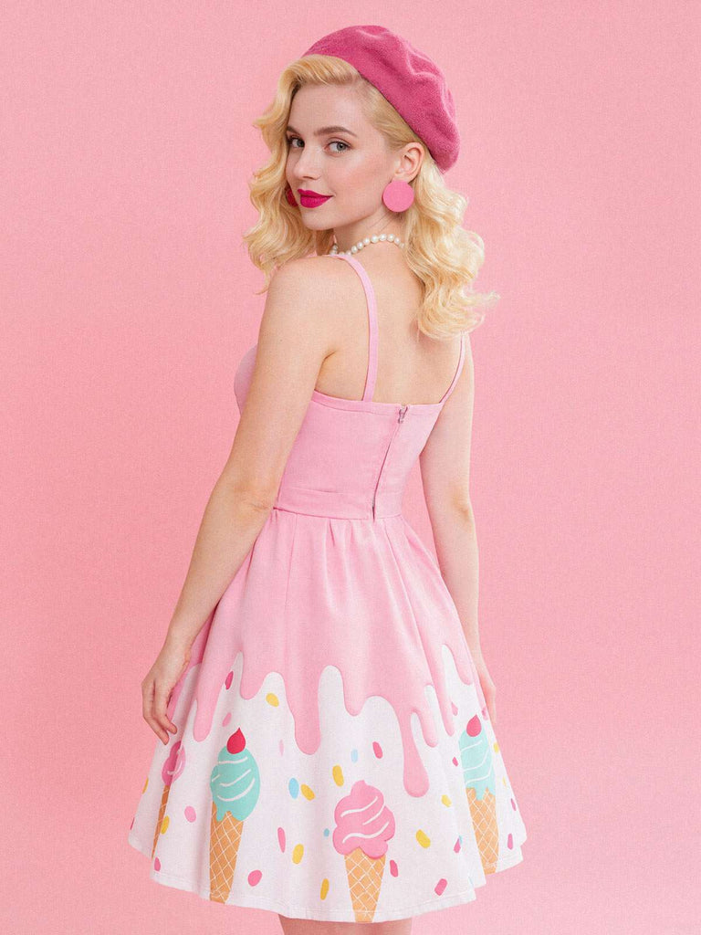 Pink 1950s Ice-Cream Sweetheart Neck Dress