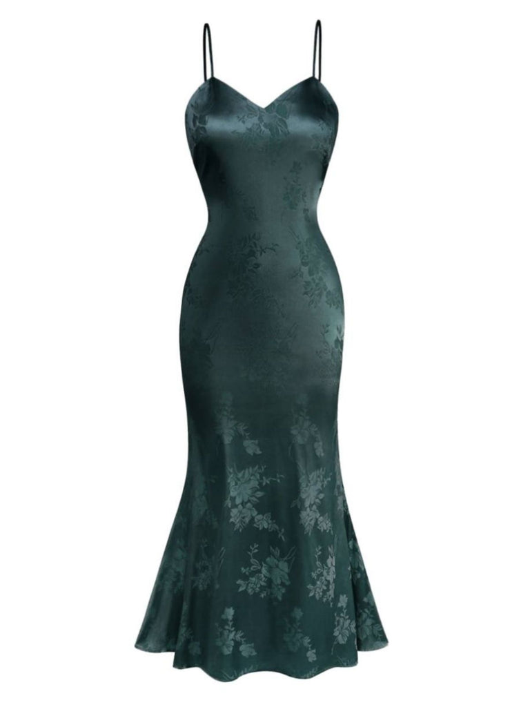 1930s Solid Satin Floral Jacquard Slip Mermaid Dress