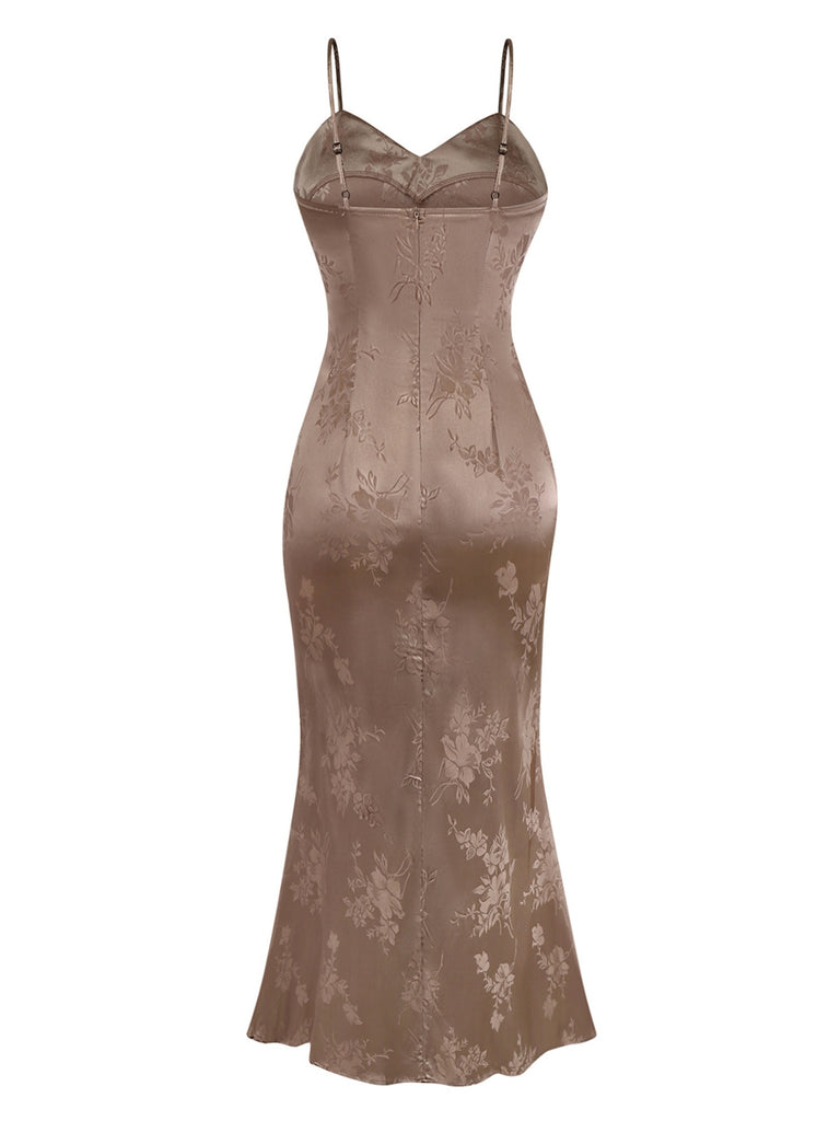 1930s Solid Satin Floral Jacquard Slip Mermaid Dress