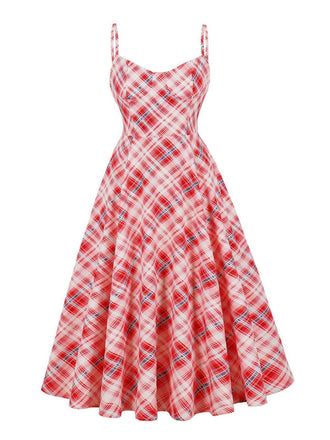 Red 1950s Spaghetti Straps Plaid Swing Dress