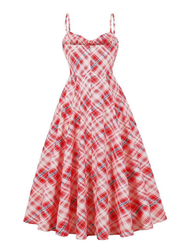 Red 1950s Spaghetti Straps Plaid Swing Dress