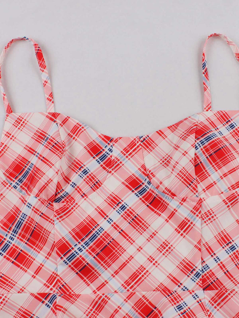 Red 1950s Spaghetti Straps Plaid Swing Dress