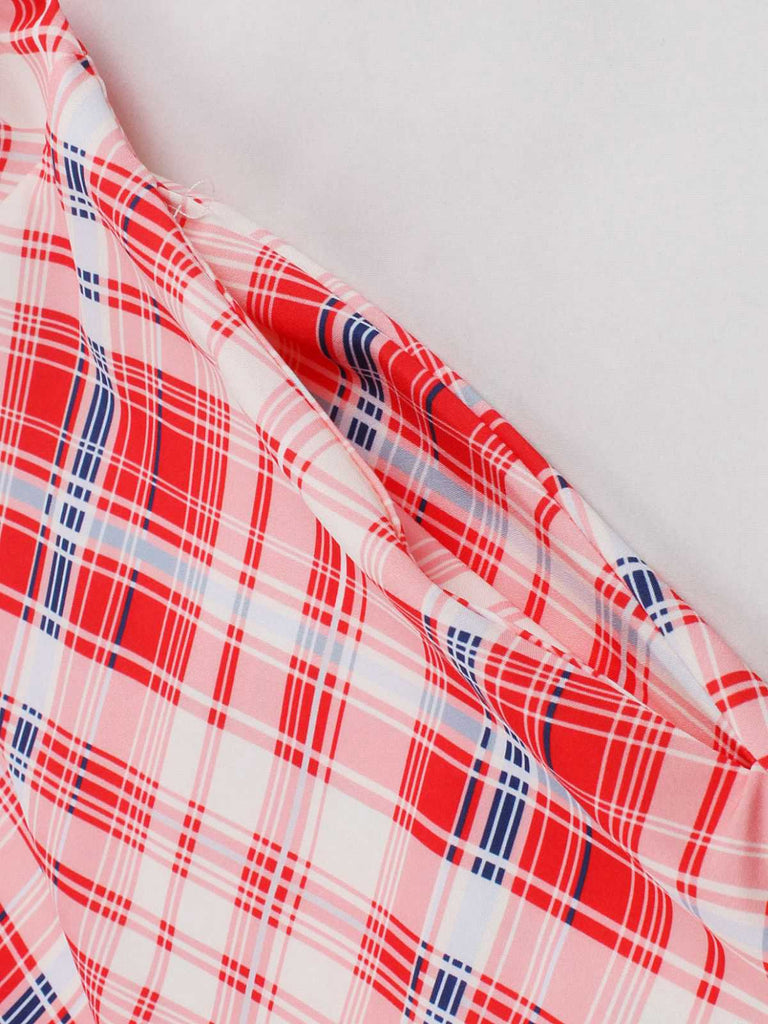 Red 1950s Spaghetti Straps Plaid Swing Dress