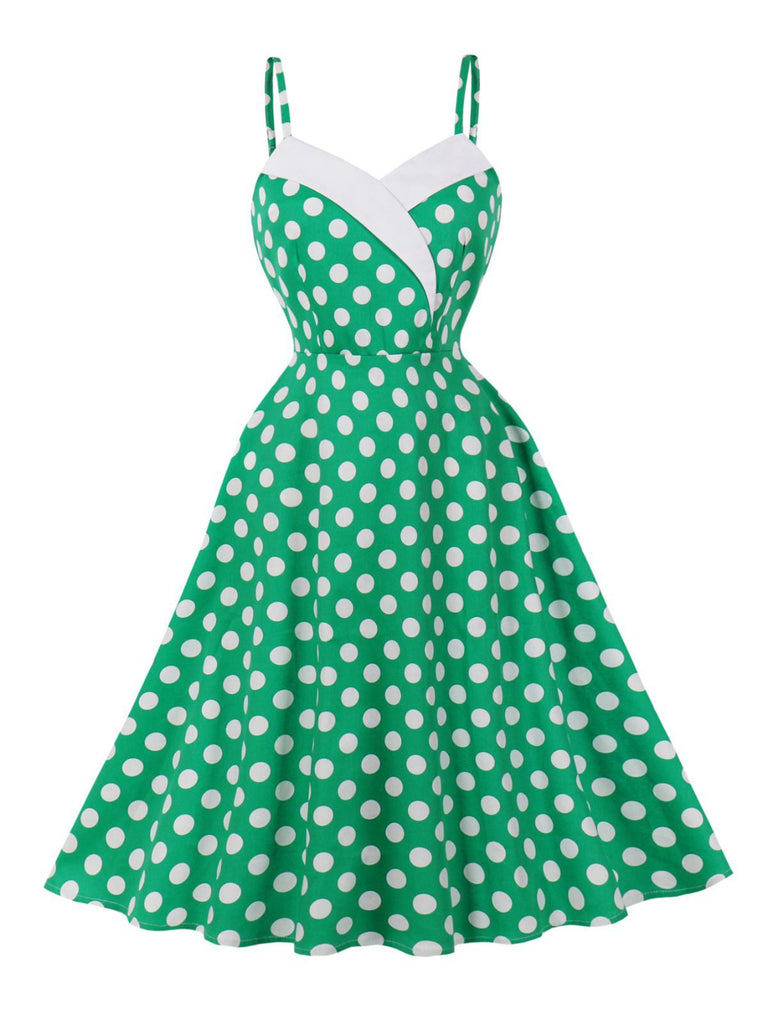 Green 1950s Polka Dot Spaghetti Strap Dress
