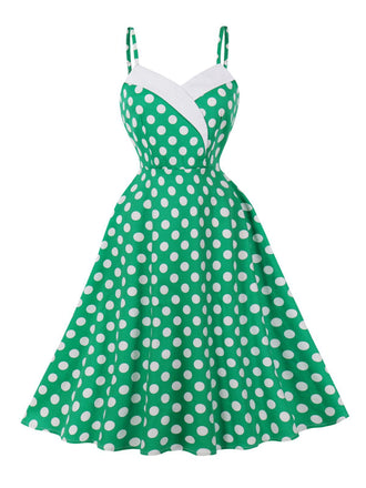 Green 1950s Polka Dot Spaghetti Strap Dress