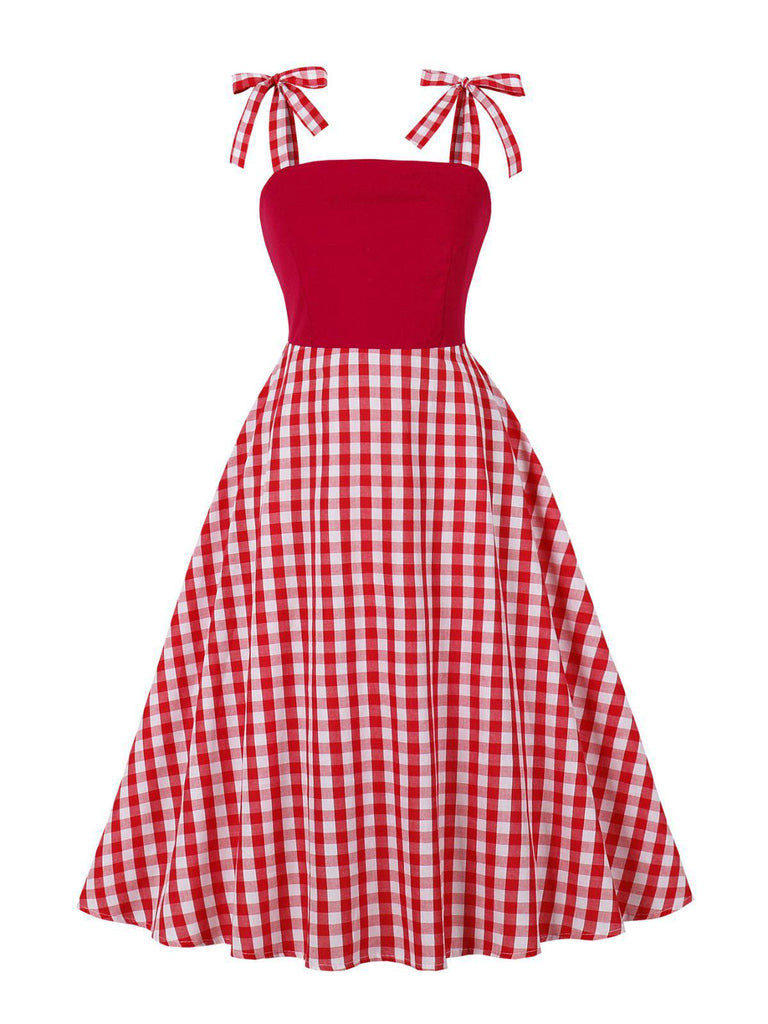 Red 1950s Shoulder Tie Gingham Plaid Dress