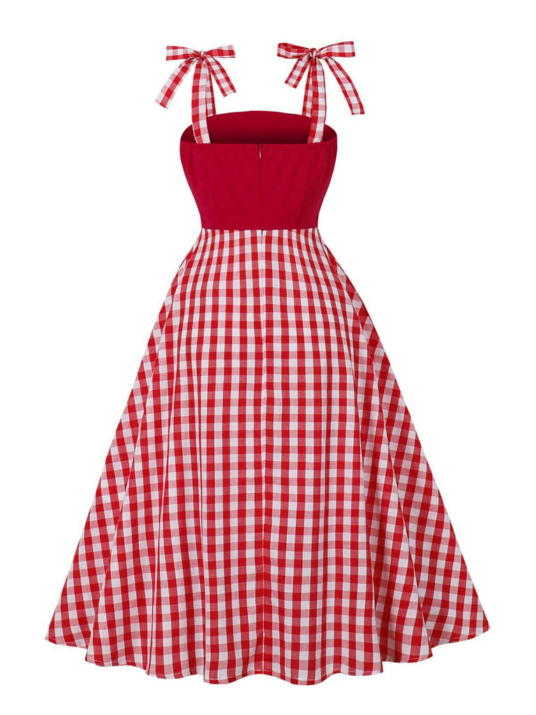 Red 1950s Shoulder Tie Gingham Plaid Dress